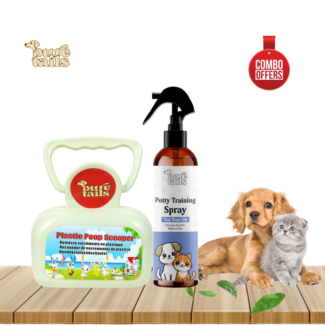 Pure Tails Pet Hygiene Combo Pack – Plastic Poop Scooper & Potty Training Spray for Dogs and Cats