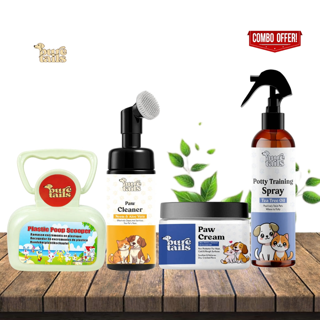 Pure Tails Pet Hygiene Combo Pack – Poop Scooper, Paw Cleaner, Paw Cream & Potty Training Spray