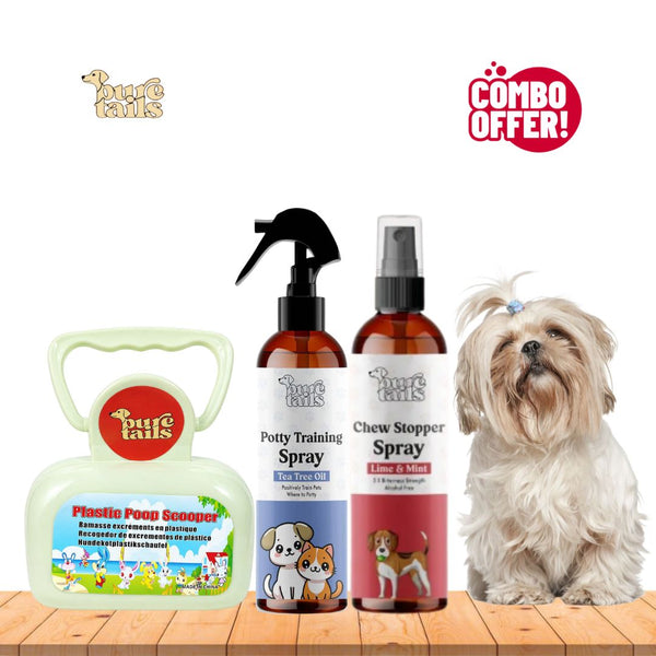 Pure Tails Pet Care Combo – Poop Scooper, Potty Training Spray & Chew Stopper Spray for Dogs and Cats
