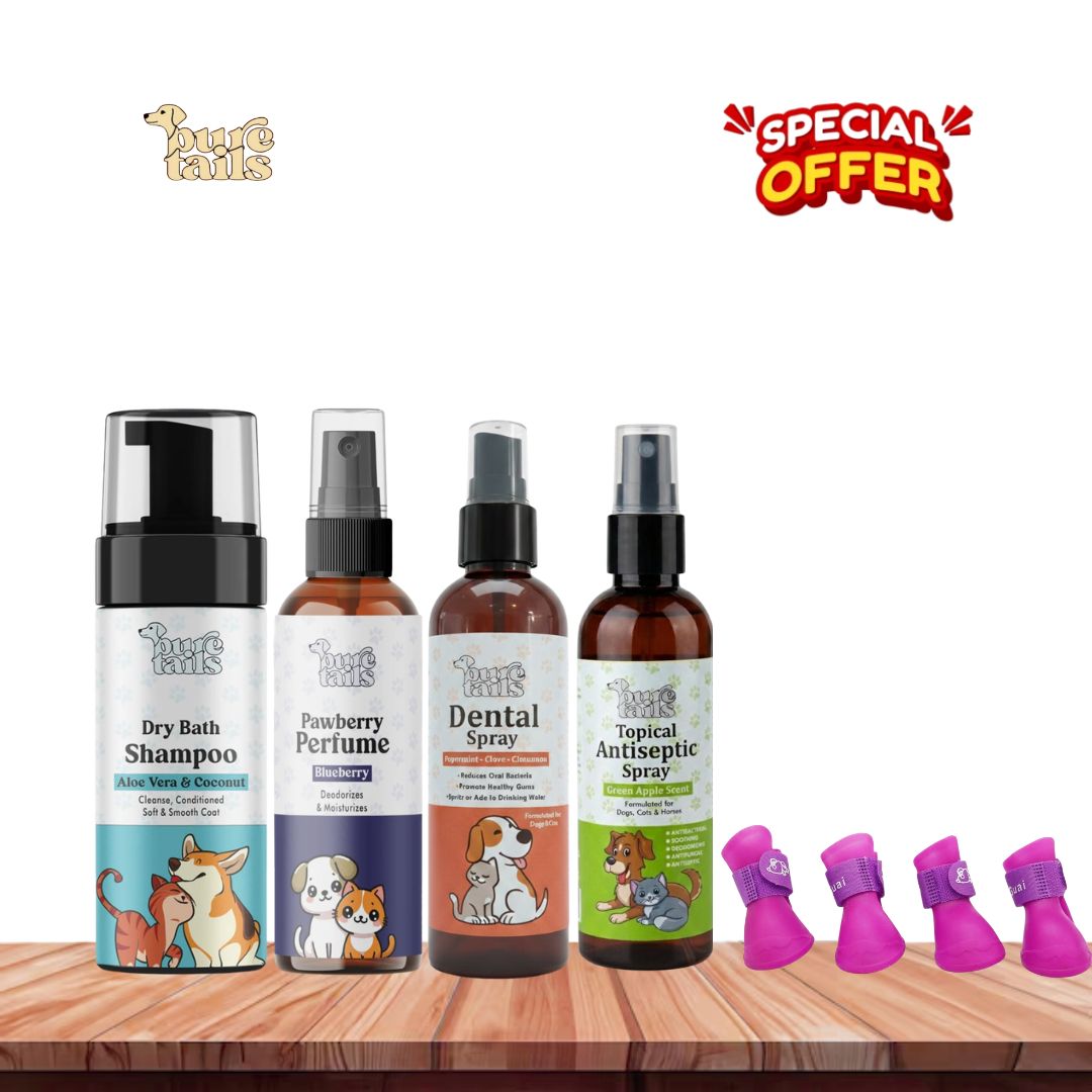 Pure Tails Pet Grooming Combo – Dry Bath Shampoo, Pawberry Perfume, Dental Spray & Tropical Antiseptic Spray