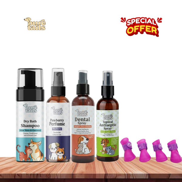 Pure Tails Pet Grooming Combo – Dry Bath Shampoo, Pawberry Perfume, Dental Spray & Tropical Antiseptic Spray