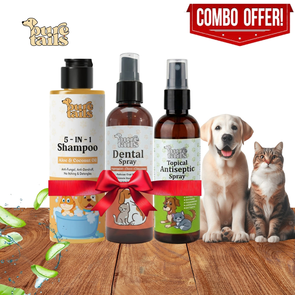 Pure Tails (Combo of 3) 5-in-1 Aloe Coconut Shampoo, Dental Spray Cinnamon, Topical Antiseptic Spray - Pet Anti-Fungal Oral Skin Care Kit.