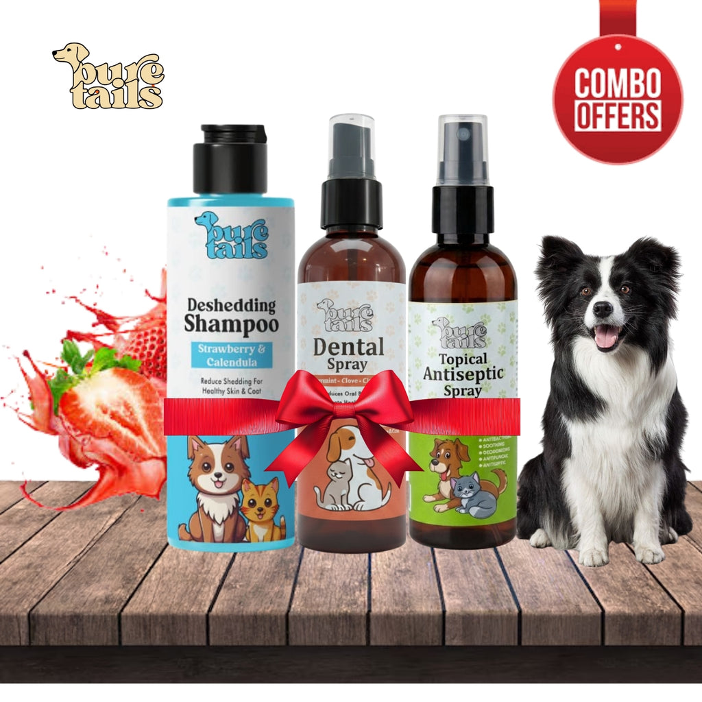 Pure Tails (Combo of 3) Strawberry Deshedding Shampoo, Dental Spray Cinnamon, Topical Antiseptic Spray - Pet Fur Oral Skin Care Kit.