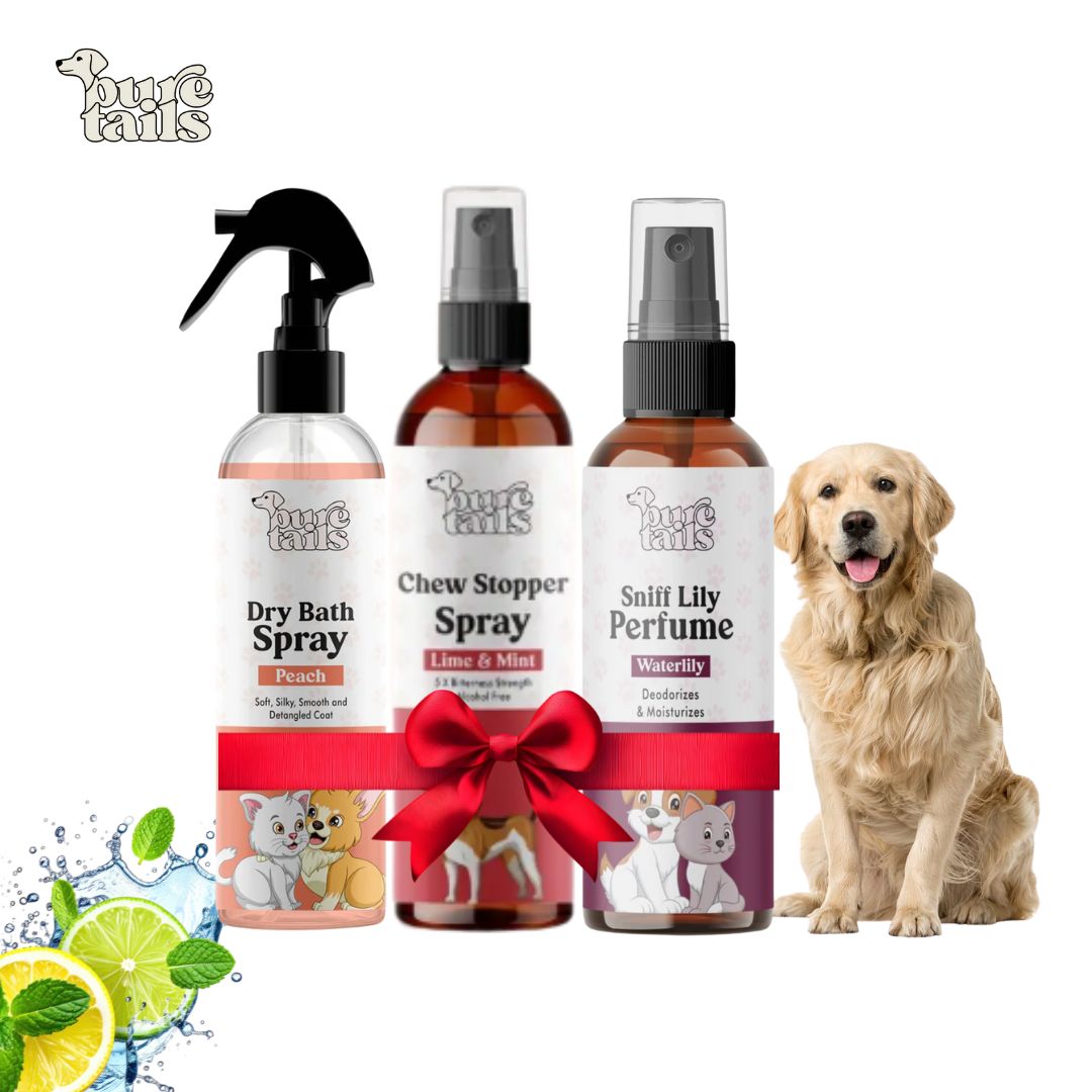 Pure Tails (Combo of 3) Dog Dry Bath Spray Peach, Chew Stopper Lime Mint & Sniff Lily Perfume Waterlily - Grooming Freshness Kit