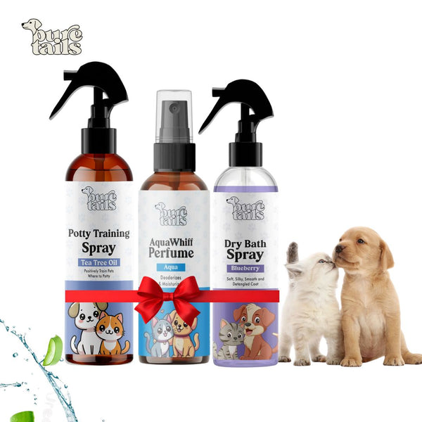 Pure Tails (Combo of 3) Dog Potty Training Spray Tea Tree Oil, Aquawhiff Perfume Aqua & Dry Bath Spray Blueberry - Training Grooming Kit