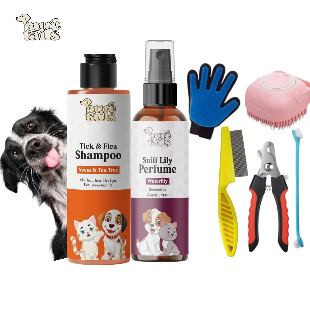 Pure Tails Ultimate Tick & Flea Protection Kit – Neem & Tea Tree Shampoo, Sniff Lily Perfume & 5-Piece Professional Grooming Set