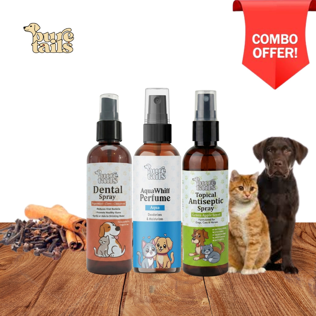 Pure Tails 3-in-1 Pet Hygiene Combo: Dental Spray, AquaWhiff Perfume & Topical Antiseptic Spray for Dogs & Cats.