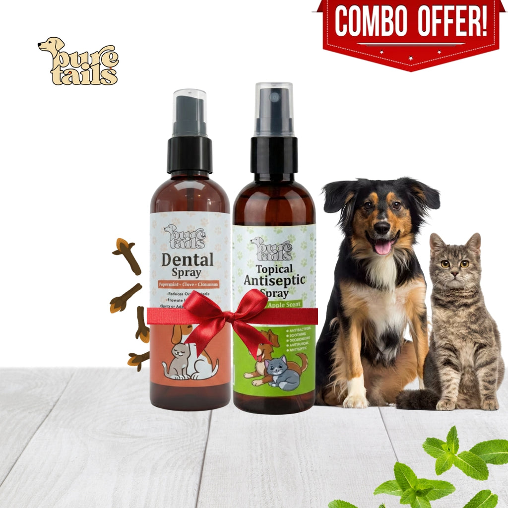 Pure Tails 2-in-1 Oral & Skin Care Combo: Dental Spray + Topical Antiseptic Spray for Dogs & Cats.