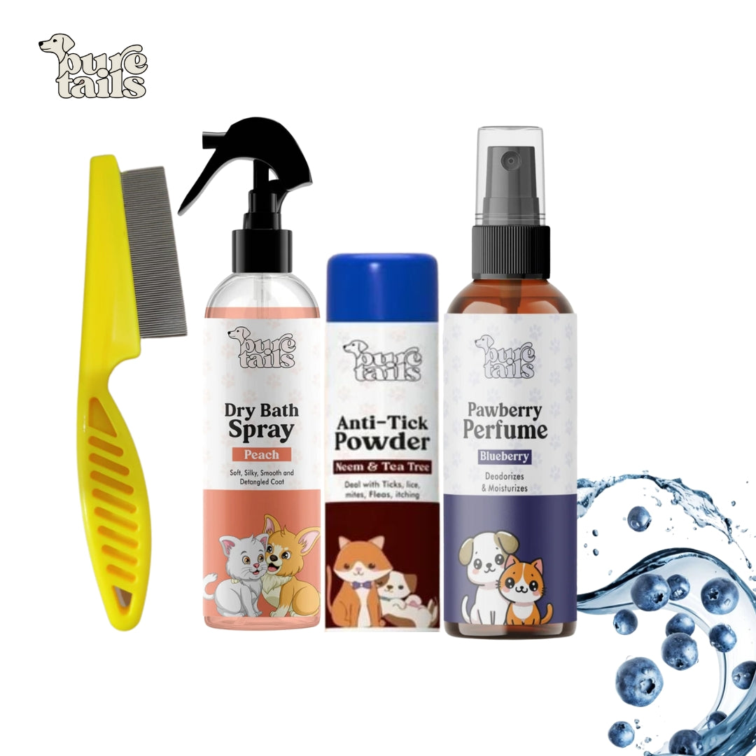 Pure Tails Ultimate Pet Grooming Combo – Waterless Dry Bath Spray, Anti-Tick Powder, Pawberry Perfume & Flea Comb (4-in-1 Kit)