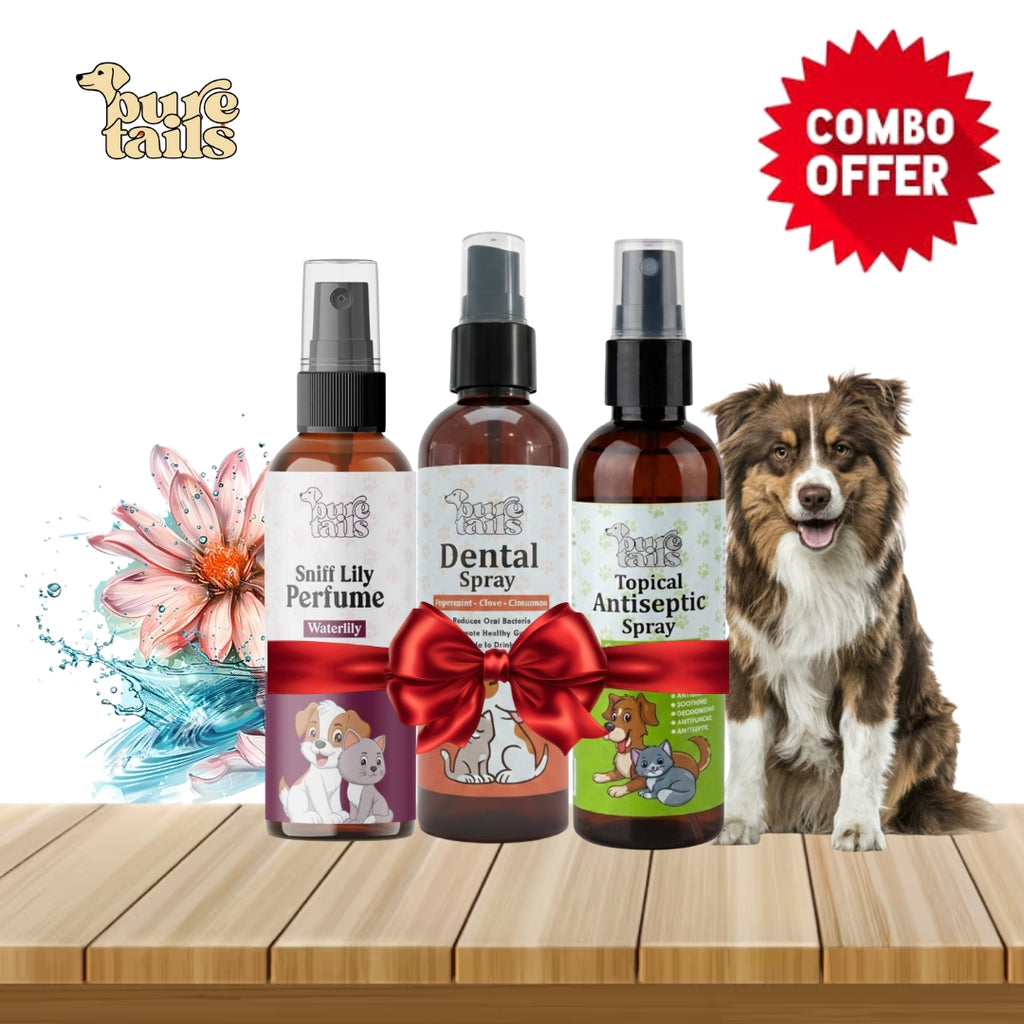 Pure Tails 3-in-1 Grooming Combo: Sniff Lily Perfume, Dental Spray & Topical Antiseptic Spray for Dogs & Cats.