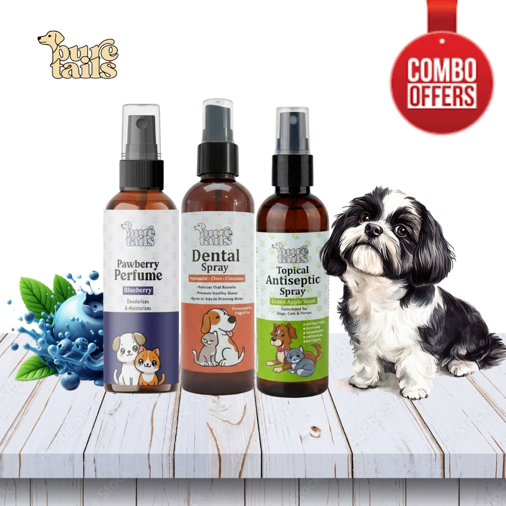 Pure Tails (Combo of 3) Pawberry Blueberry Perfume, Dental Spray Cinnamon, Topical Antiseptic Spray - Pet Fragrance Oral Skin Hygiene Kit