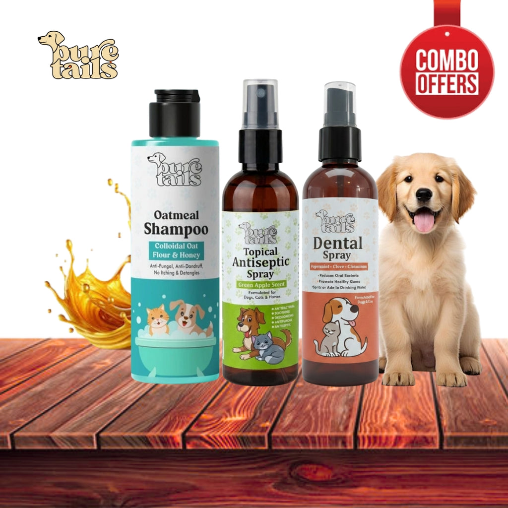 Pure Tails (Combo of 3) Oatmeal Honey Shampoo, Topical Antiseptic Spray, Dental Spray Cinnamon - Pet Skin Oral Fur Care Kit.