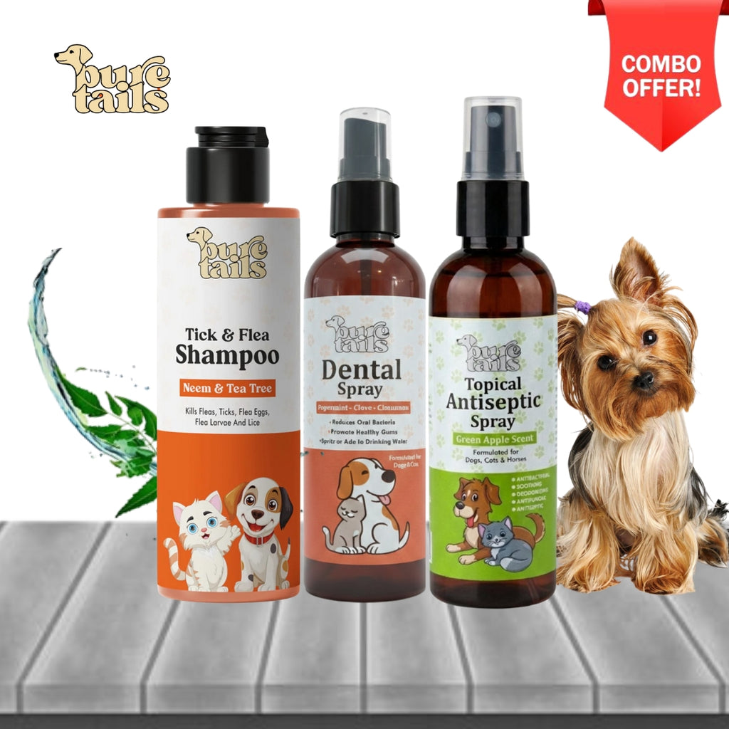 Pure Tails (Combo of 3) Neem Tea Tree Tick Flea Shampoo, Dental Spray Cinnamon, Topical Antiseptic Spray - Pet Anti-Tick Oral Skin Kit.