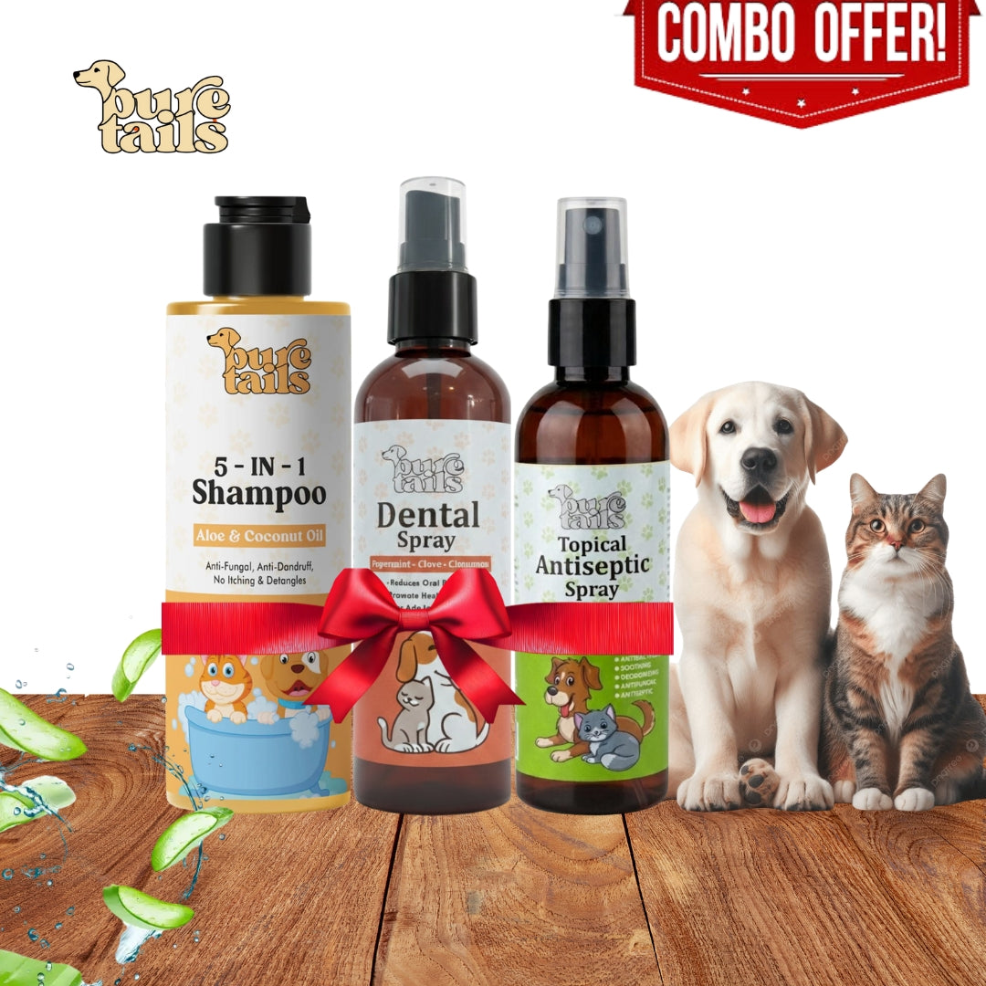 Pure Tails (Combo of 3) 5-in-1 Aloe Coconut Shampoo, Dental Spray Cinnamon, Topical Antiseptic Spray - Pet Anti-Fungal Oral Skin Care Kit.