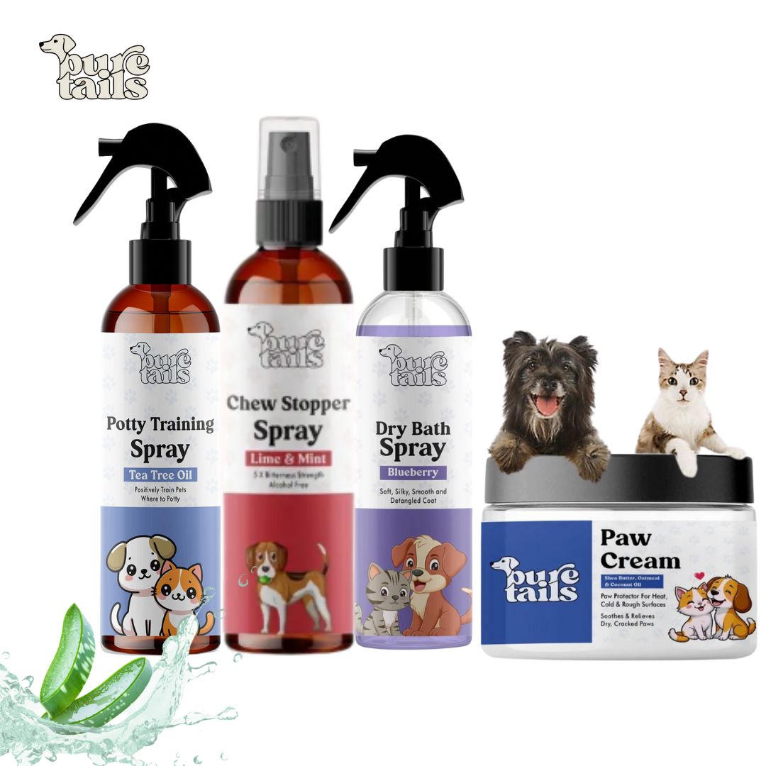 Pure Tails 4-in-1 Pet Essential Kit – Potty Training Spray, Chew Stopper, Dry Bath & Healing Paw Cream