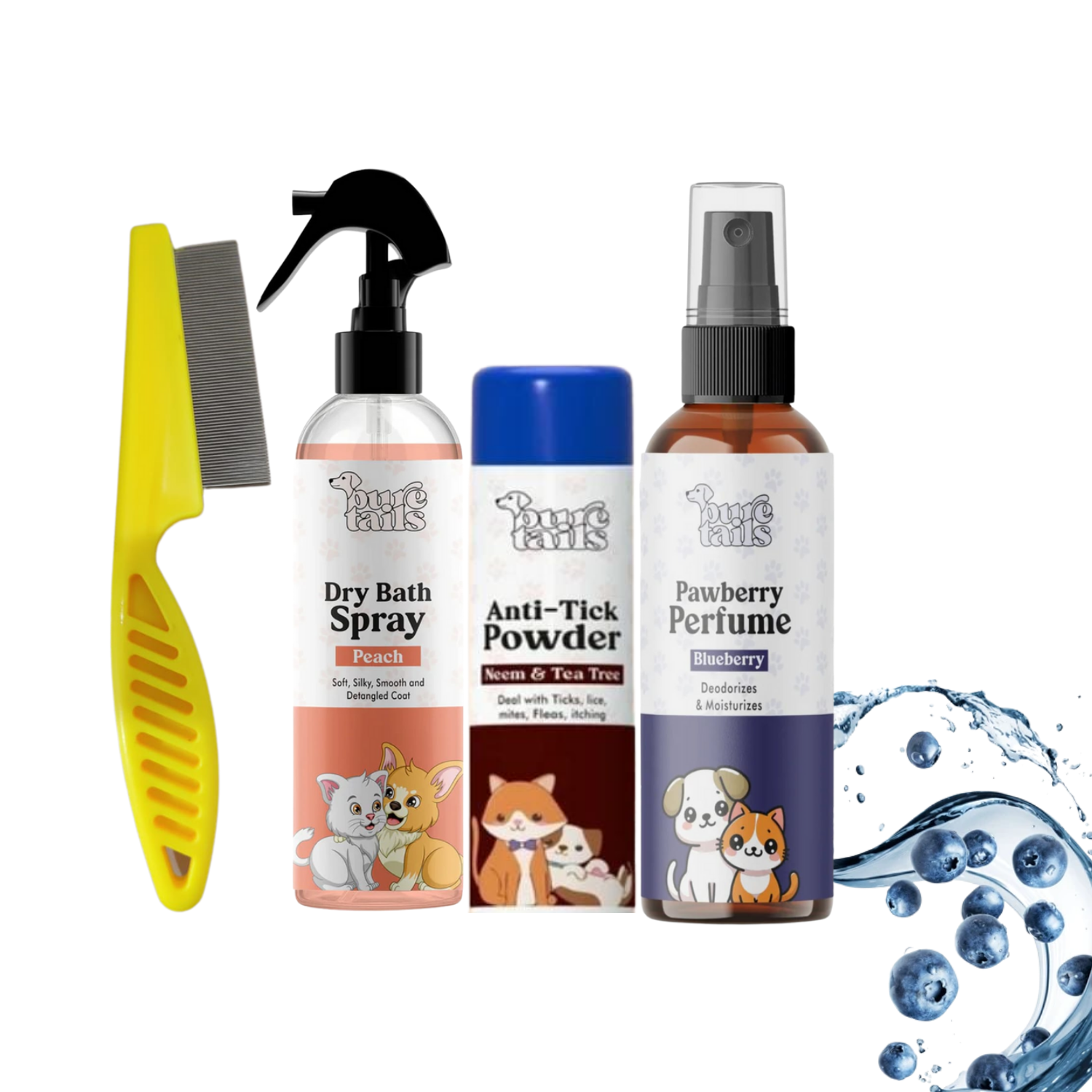 Pure Tail 4-in-1 Complete Grooming & Protection Kit: Peach Dry Bath Spray, Anti-Tick Powder, Pawberry Perfume & Flea Comb