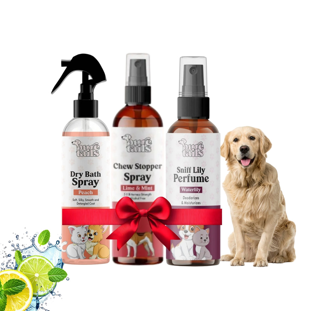 Pure Tails  Fresh & Protect Trio: Dry Bath Spray (Peach), Chew Stopper Spray (Lime & Mint) & Sniff Lily Perfume (Waterlily)