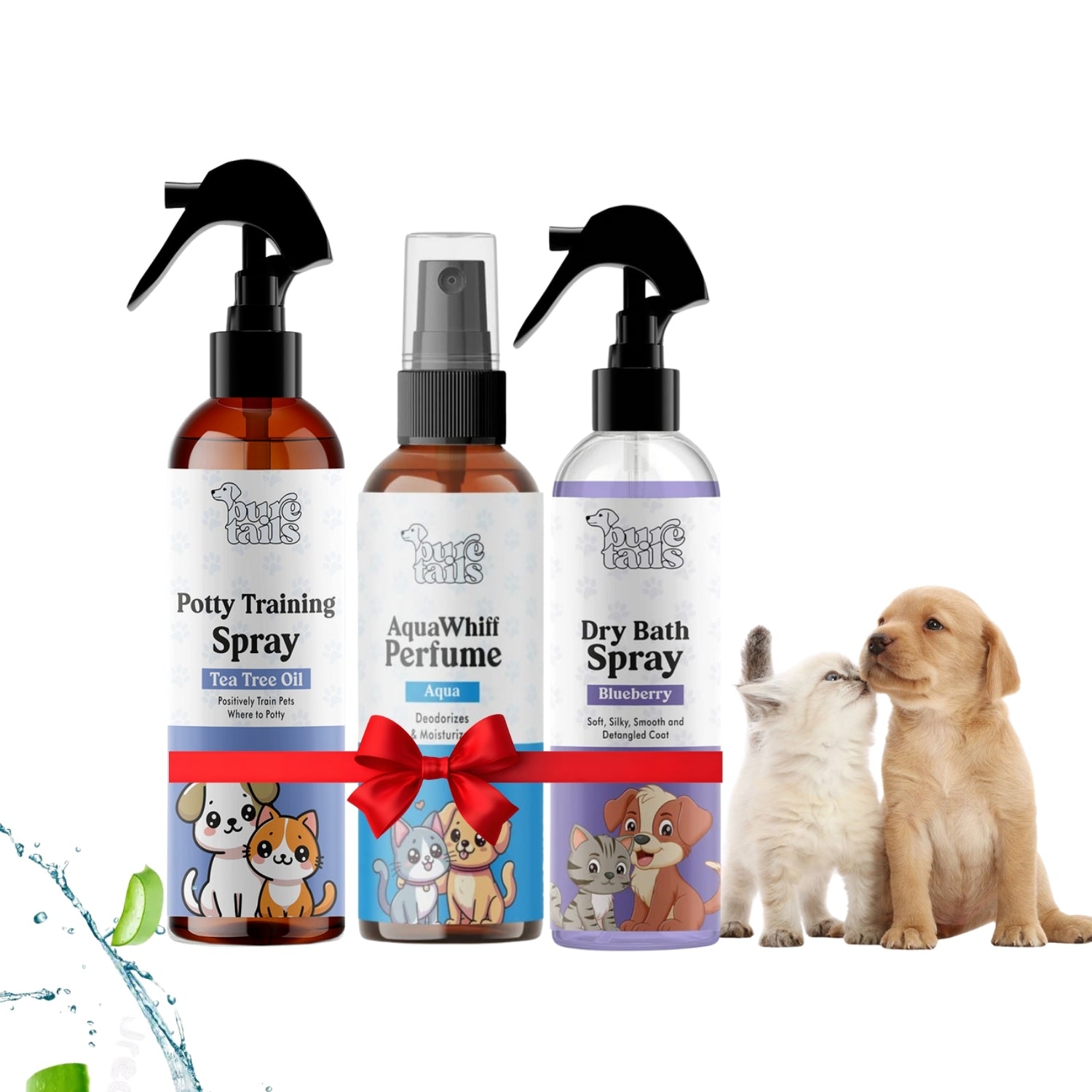 Pure Tails Pet Hygiene & Training Trio: Dry Bath Spray (Peach), Chew Stopper Spray & Sniff Lily Perfume