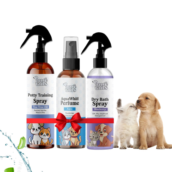 Pure Tails Pet Hygiene & Training Trio: Dry Bath Spray (Peach), Chew Stopper Spray & Sniff Lily Perfume