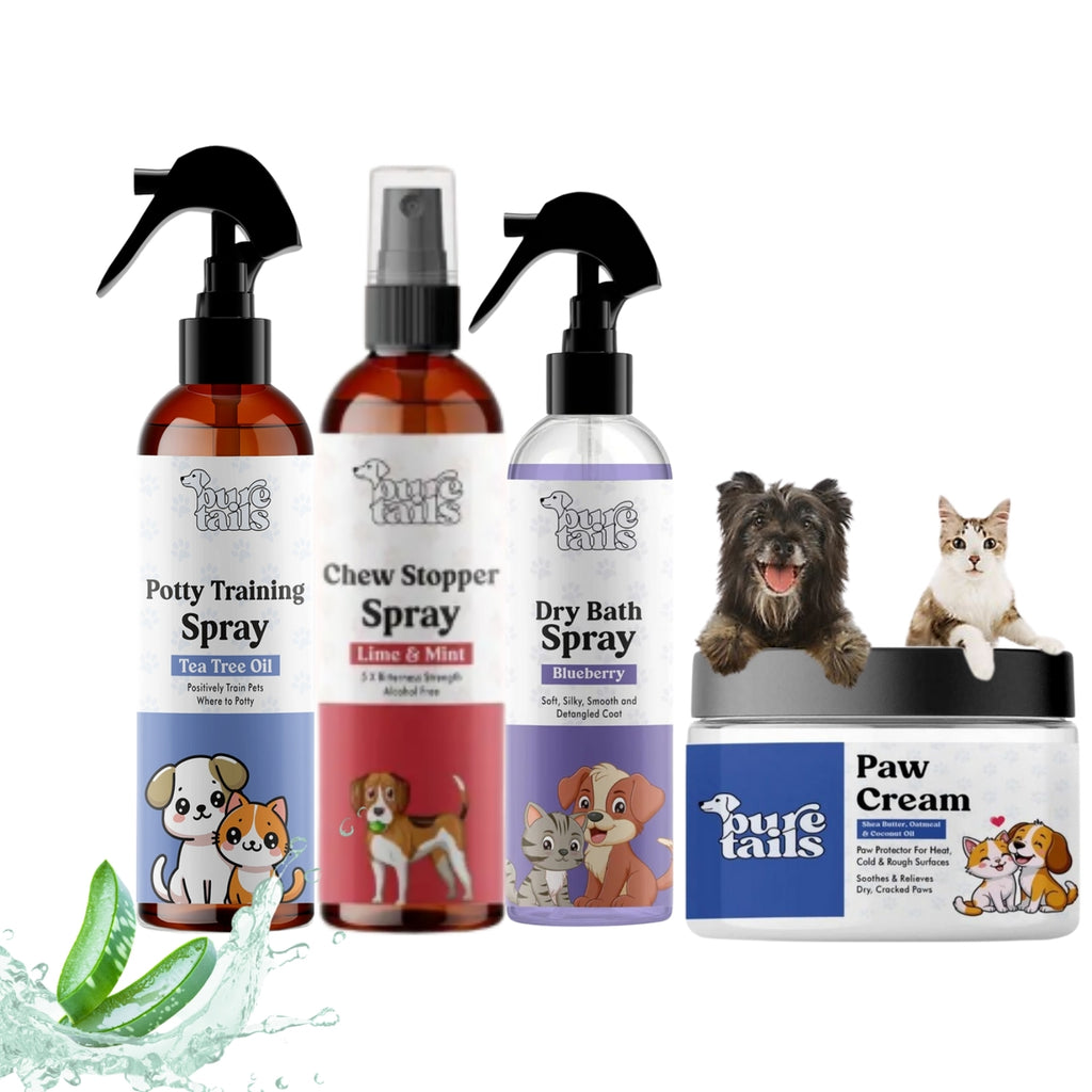 Pure Tails™ Ultimate Pet Care & Training Mega-Bundle: Potty Training Spray, Chew Stopper, Blueberry Dry Bath & Soothing Paw Cream