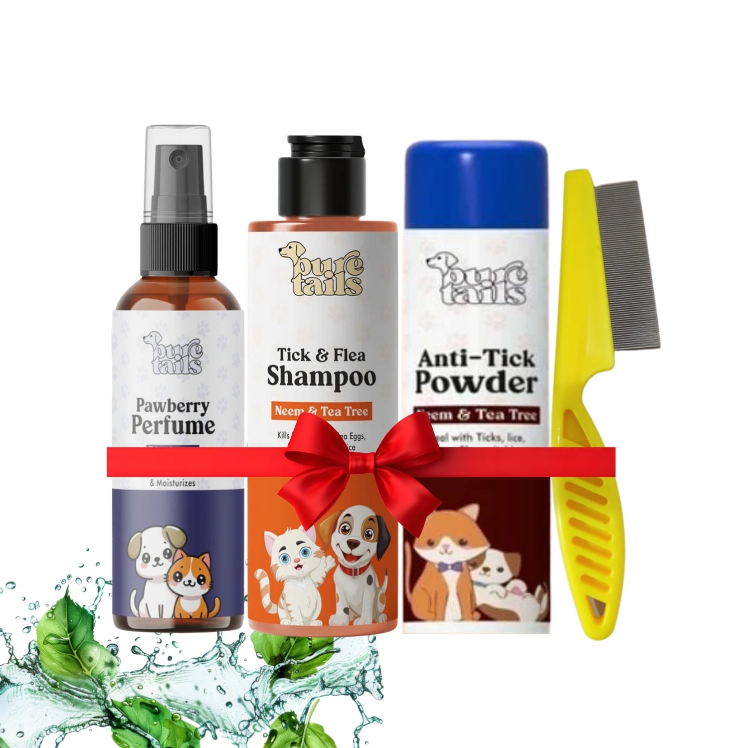 Pure Tails™ 4-in-1 Tick & Flea Defense Kit: Neem & Tea Tree Shampoo, Anti-Tick Powder, Pawberry Perfume & Flea Comb