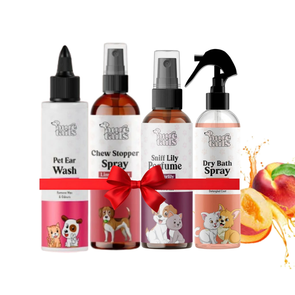 Pure Tails™ 4-in-1 Essential Pet Care Bundle: Pet Ear Wash, Chew Stopper Spray, Sniff Lily Perfume & Peach Dry Bath Spray