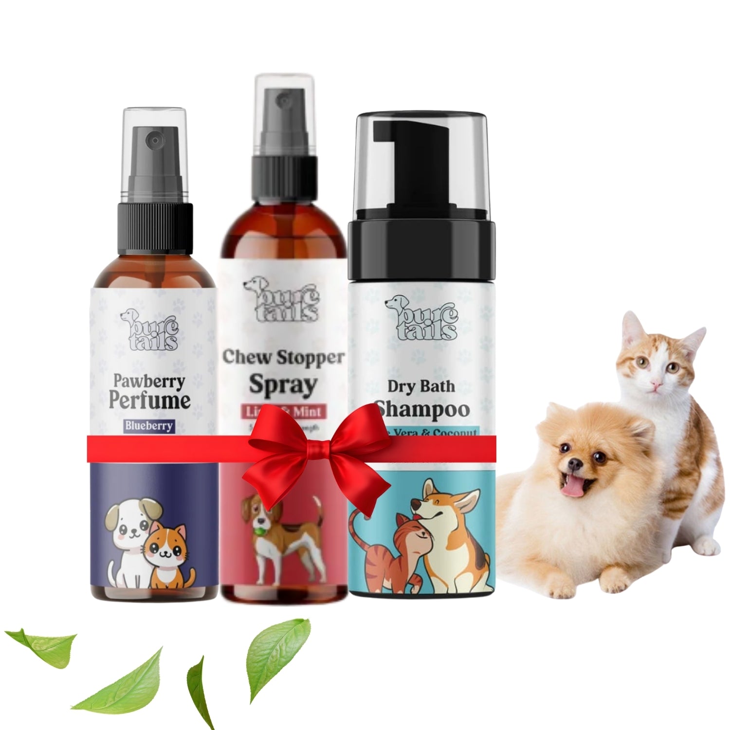 Pure Tails™ 3-in-1 Freshness & Care Bundle: Pawberry Perfume, Chew Stopper Spray & Dry Bath Shampoo