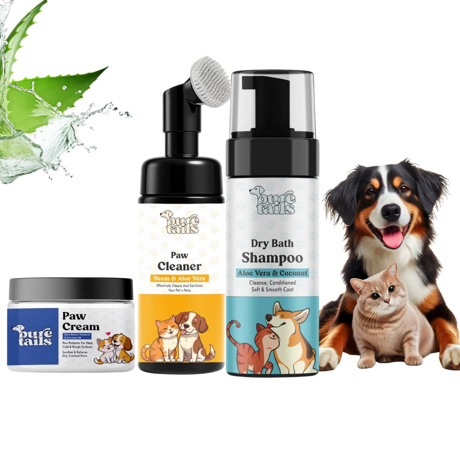 Pure Tails™ 3-Piece Pet Grooming Essentials: Paw Cream, Foaming Paw Cleaner & Dry Bath Shampoo