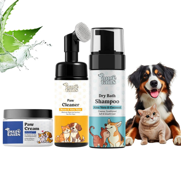 Pure Tails™ 3-Piece Pet Grooming Essentials: Paw Cream, Foaming Paw Cleaner & Dry Bath Shampoo