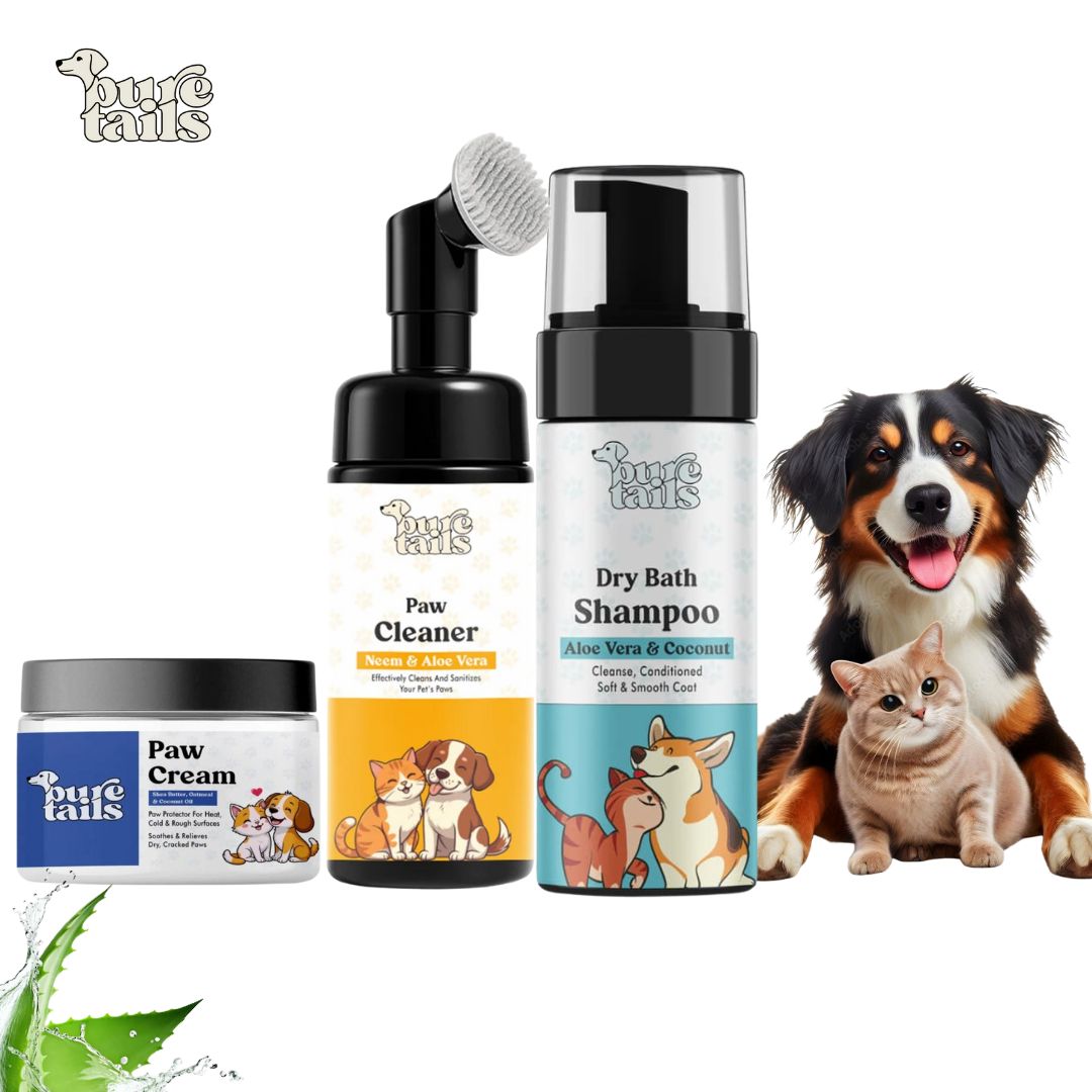 Pure Tails 3-in-1 Pet Care Essentials – Aloe Vera & Coconut Dry Bath Shampoo, Neem Paw Cleaner & Healing Paw Cream