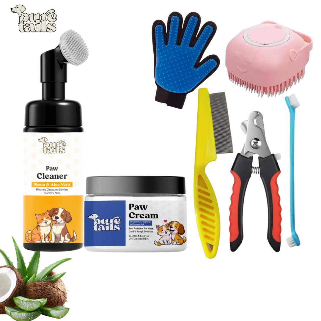 Pure Tails 7-Piece Master Pet Grooming Kit – Paw Cleaner, Healing Cream, Nail Clippers, Deshedding Tools & Oral Care