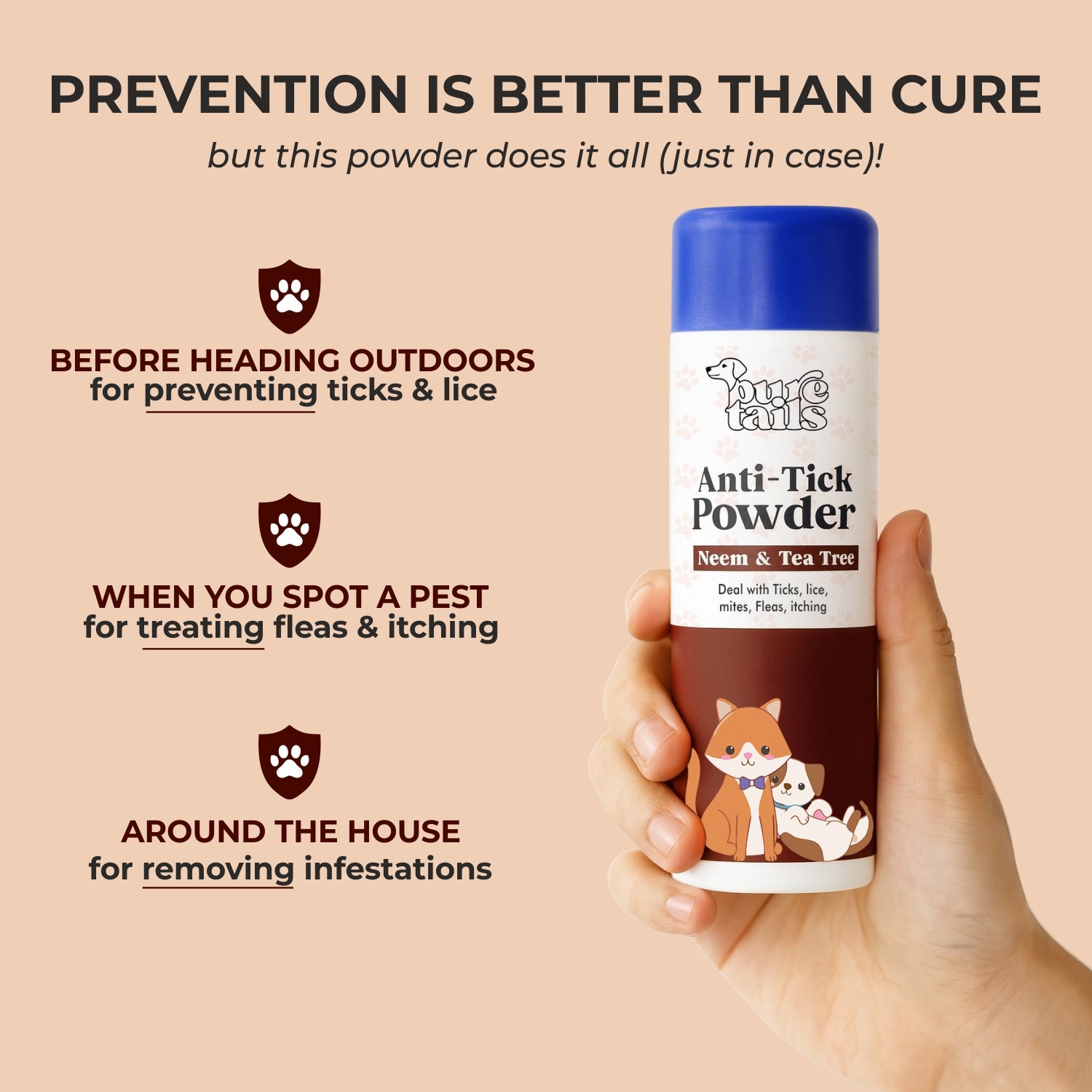 Pure Tail 4-in-1 Complete Grooming & Protection Kit: Peach Dry Bath Spray, Anti-Tick Powder, Pawberry Perfume & Flea Comb