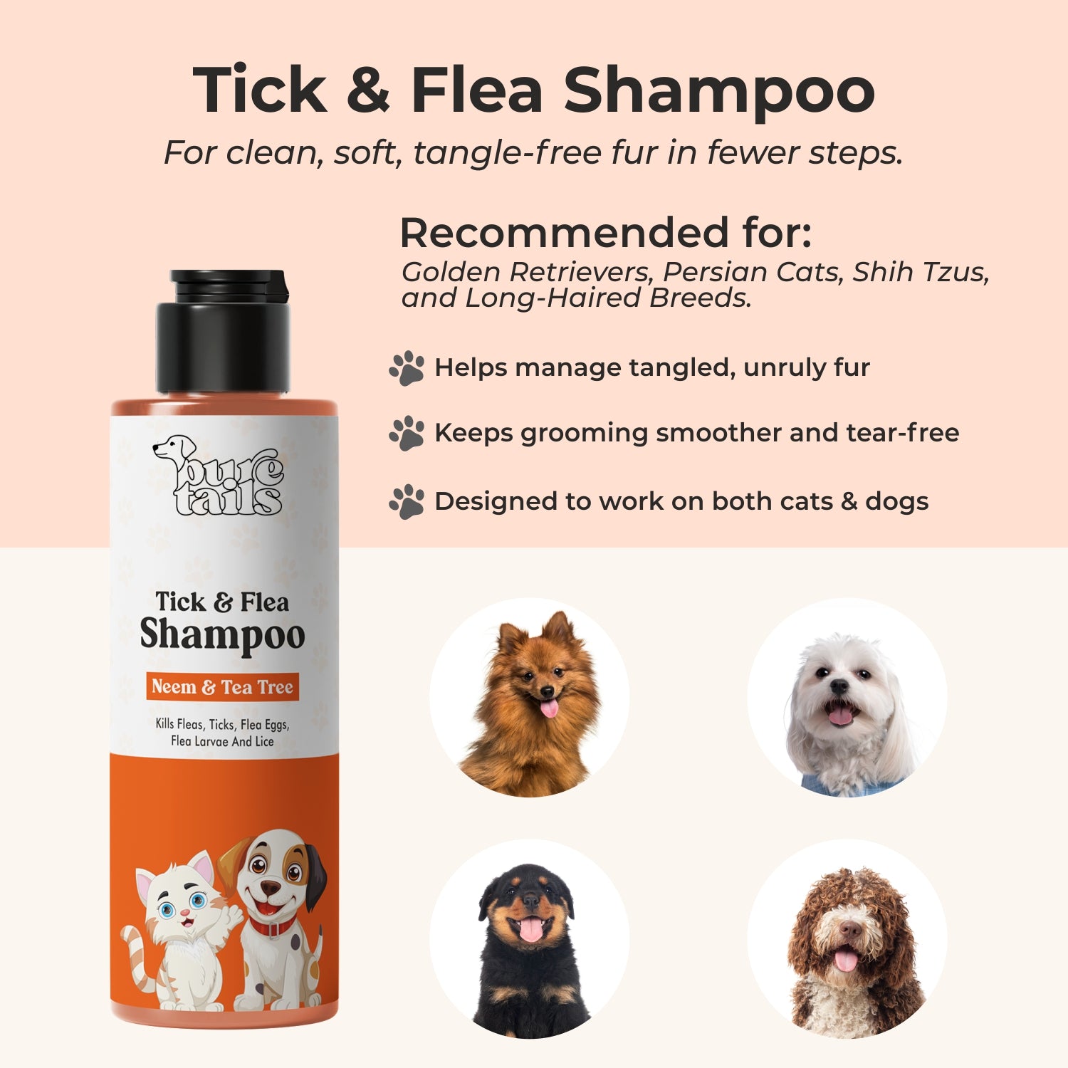 Pure Tails™ 4-in-1 Tick & Flea Defense Kit: Neem & Tea Tree Shampoo, Anti-Tick Powder, Pawberry Perfume & Flea Comb